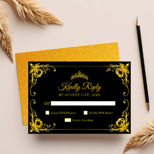 Cartons Réponse Luxueux Fleurs Dorées Quinceanera Noir et Or
