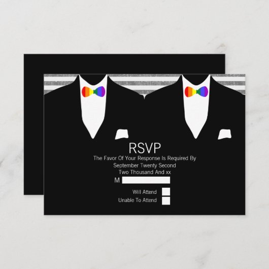 Cartons Réponse M. et M. Suit Rainbow Bow Cravates Gay Wedding RSV (Devant / Derrière)