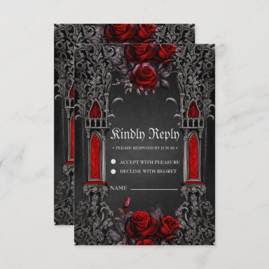 Cartons Réponse Magnifique design mariage gothique foncé. (Devant / Derrière)