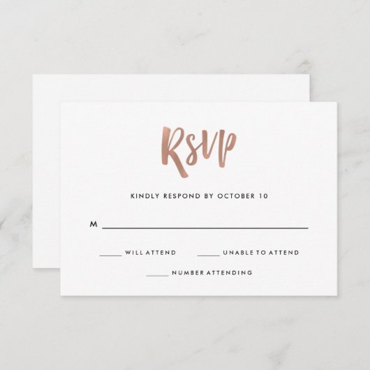 Cartons Réponse manuscrit et moderne | Mariage d'or Rose Faux (Devant / Derrière)