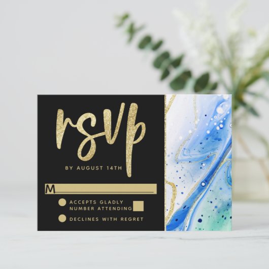 Cartons Réponse Marbre bleu brillant avec Mariage feuille or (Debout devant)