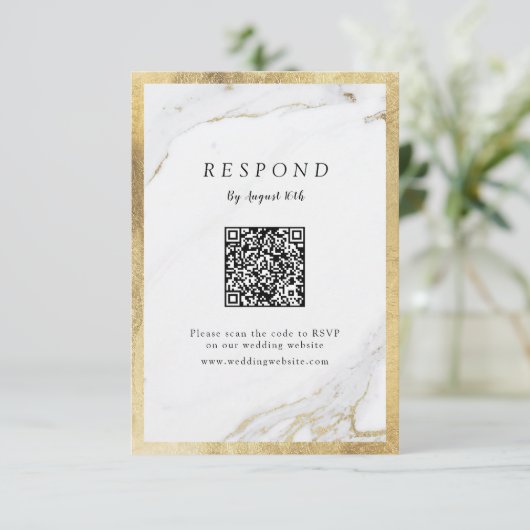 Cartons Réponse Marbre d'or Faux luxe moderne mariage QR code (Debout devant)