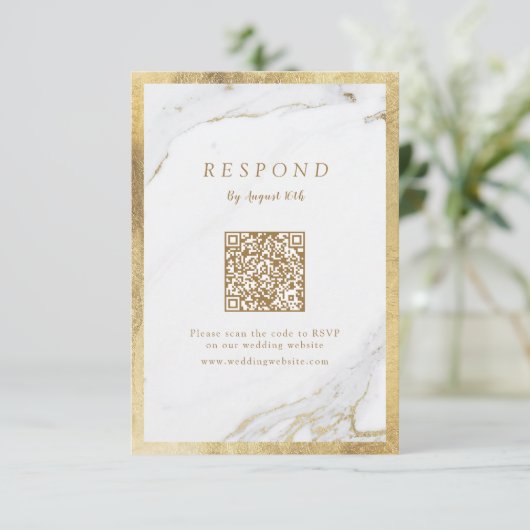 Cartons Réponse Marbre d'or Faux luxe moderne mariage QR code (Debout devant)