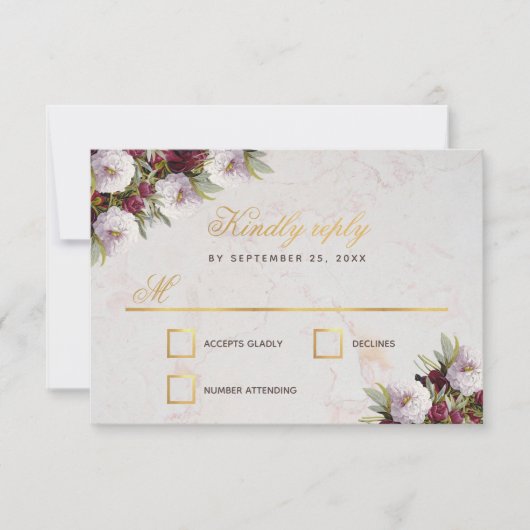 Cartons Réponse Marbre d'or Faux mariage Burgundy Peonies (Devant)