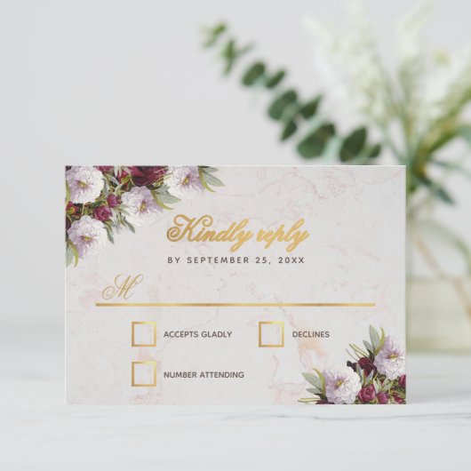 Cartons Réponse Marbre d'or Faux mariage Burgundy Peonies (Debout devant)