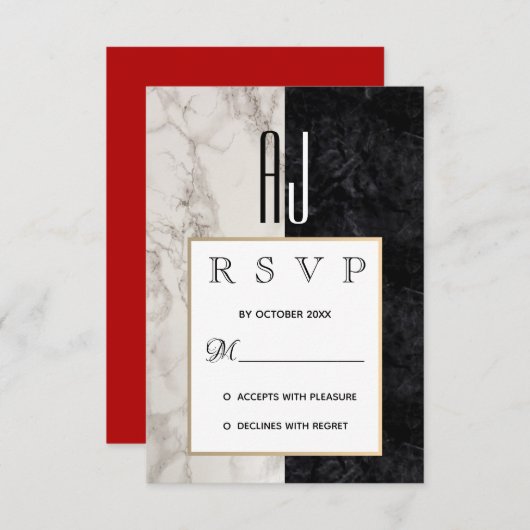 Cartons Réponse Marbre moderne élégant Noir Blanc & Mariage Or (Devant / Derrière)