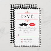 Cartons Réponse Mariage à carreaux Red, Black & White Moustache & (Devant / Derrière)