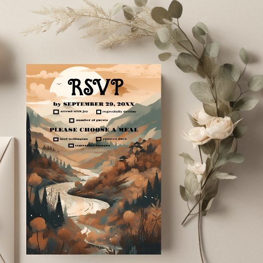 Cartons Réponse Mariage À feuillage persistant Rustic Mountain For