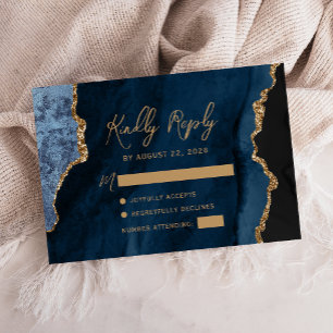 Cartons Réponse Mariage à l'écriture dorée et agate bleu marine