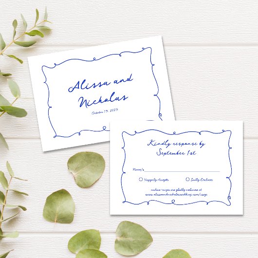 Cartons Réponse Mariage à l'écriture et bordure bleu clair dessiné
