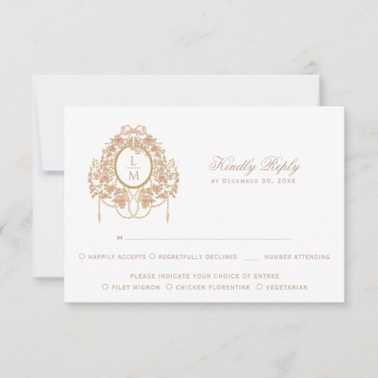 Cartons Réponse Mariage à monogramme de rose rococo français (Devant)