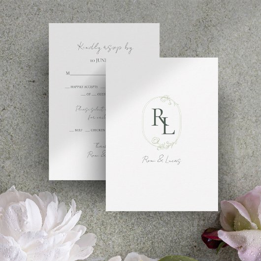 Cartons Réponse Mariage à monogramme floral vert foncé et blanc