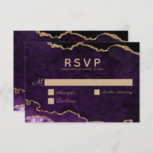 Cartons Réponse Mariage Agate de Parties scintillant d'or violet (Devant / Derrière)
