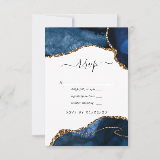 Cartons Réponse Mariage Agate Navy et Or (Devant)