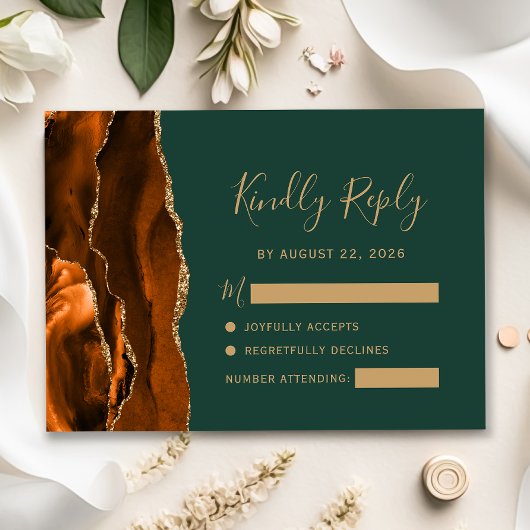 Cartons Réponse Mariage Agate Orange Brûlé Émeraude Vert