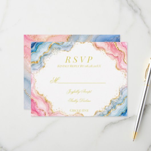Cartons Réponse Mariage Agate Rose Bleu Or (Devant/Arrière en situation)