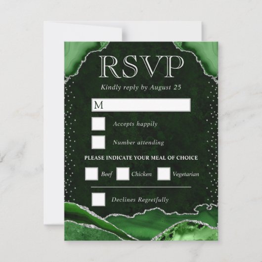 Cartons Réponse Mariage Agate Vert et Argent (Devant)