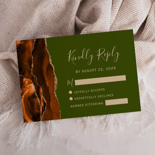 Cartons Réponse Mariage Agate Vert Olive Orange Brûlé