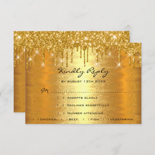 Cartons Réponse Mariage Anniversaire Luxe Or Paillettes Gouttes RS (Devant / Derrière)