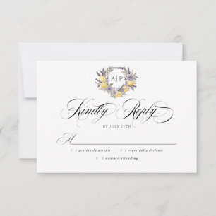 Cartons Réponse Mariage Armoiries Florales Monogramme Lavande Citr