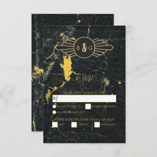 Cartons Réponse Mariage Art déco en marbre d'or noir (Devant / Derrière)