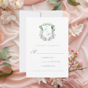 Cartons Réponse Mariage au blason floral bleu poussiéreux