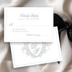 Cartons Réponse Mariage au monogramme classique de crête vert saug