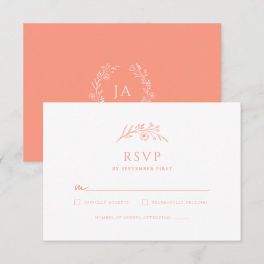 Cartons Réponse Mariage au monogramme pêche (Devant / Derrière)