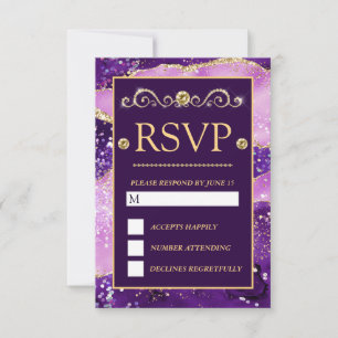 Cartons Réponse Mariage au motif d'agate or violet rose