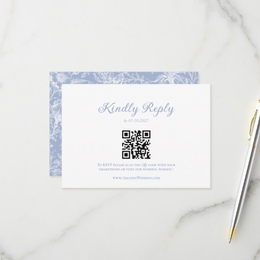 Cartons Réponse Mariage avec code QR bleu poussiéreux de style vic (Devant/Arrière en situation)
