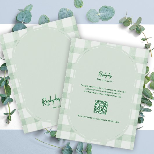 Cartons Réponse Mariage avec code QR en gingham vert sauge