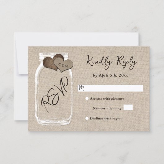 Cartons Réponse Mariage avec monogramme coeurs toile de jute pot M (Devant)