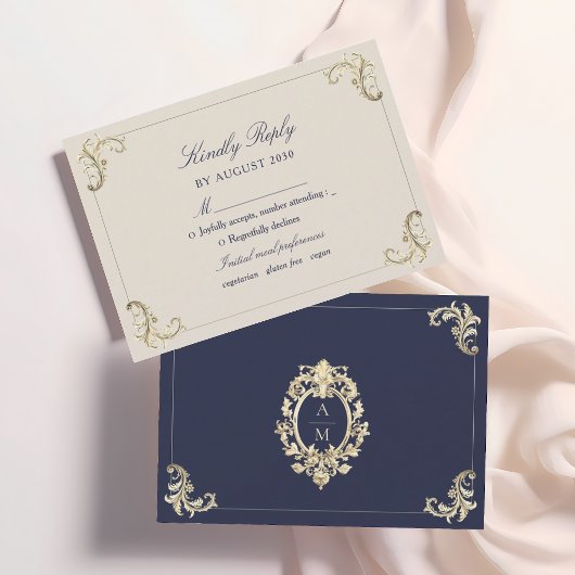 Cartons Réponse Mariage Baroque Bleu Nuit Or