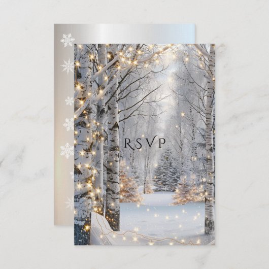 Cartons Réponse Mariage Blanc Birch Trees Neige Jaune Lumières (Devant / Derrière)