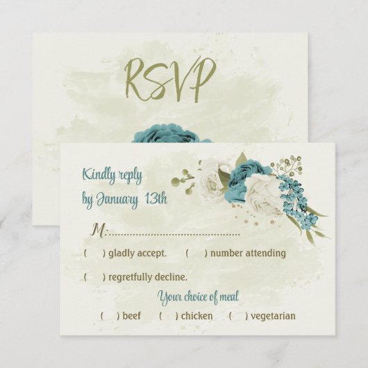 Cartons Réponse mariage bleu blanc fleurs verdure (Devant / Derrière)