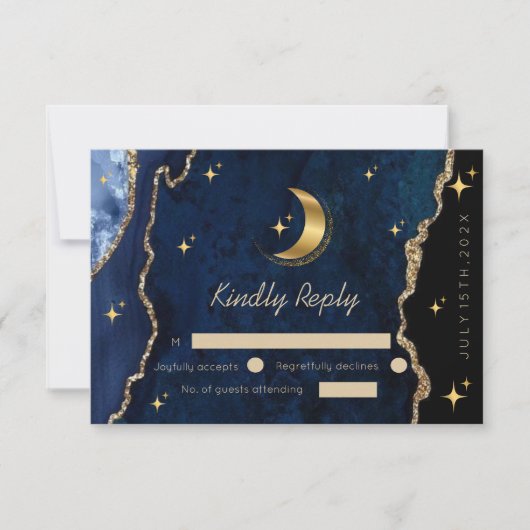 Cartons Réponse Mariage Bleu Céleste Étoiles de Minuit Lune  (Devant)