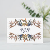 Cartons Réponse Mariage bleu de la marine botanique beige (Debout devant)