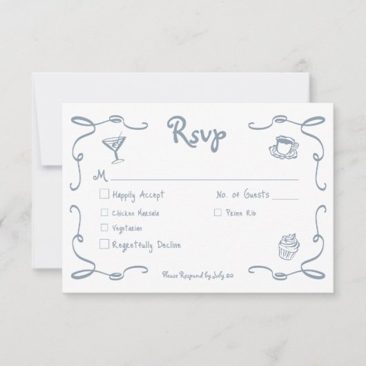 Cartons Réponse Mariage bleu Dusty dessiné main rétro Whimsical (Devant)