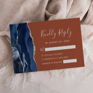 Cartons Réponse Mariage Bleu Nuit Argent Agate Orange Brûlé Modern