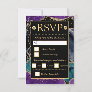 Cartons Réponse Mariage Bleu Violet Turquoise Or Paillettes Agate