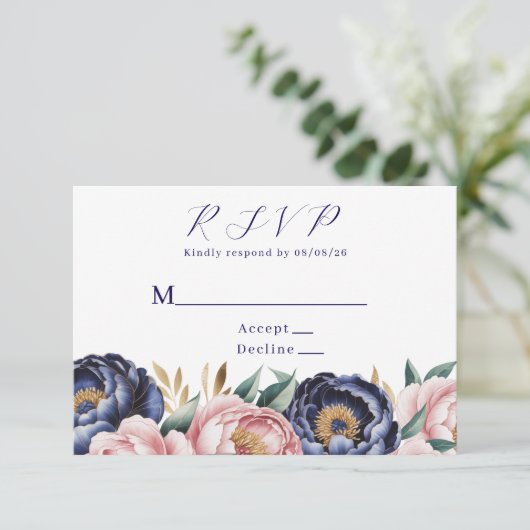 Cartons Réponse Mariage Blush et Navy Blue Peony (Debout devant)