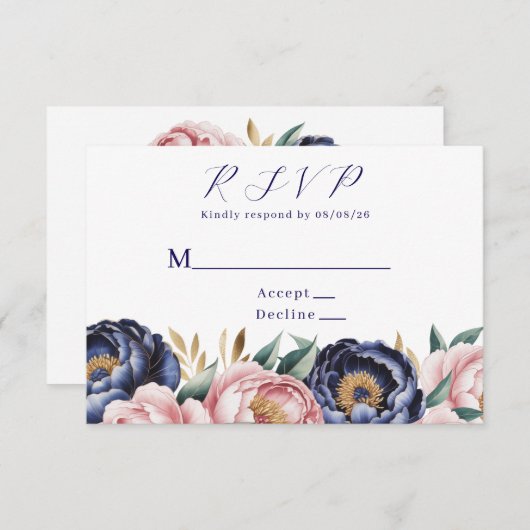 Cartons Réponse Mariage Blush et Navy Blue Peony (Devant / Derrière)