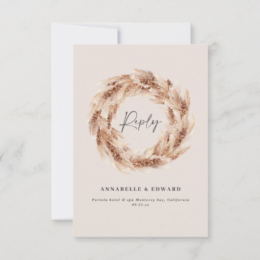 Cartons Réponse Mariage bohème rustique moderne avec herbe de pamp (Dos)