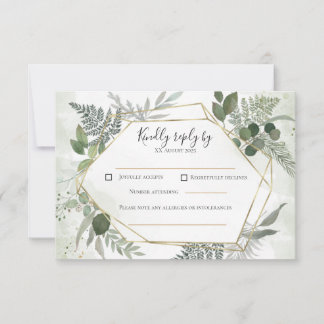 Cartons Réponse Mariage bohème vert doré géométrique aquarelle