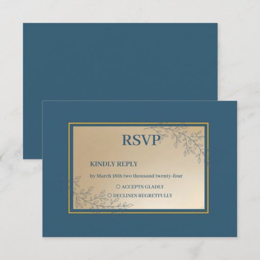 Cartons Réponse Mariage Boho floral rectangle or Marine (Devant / Derrière)