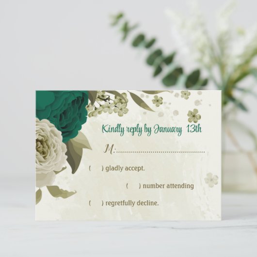 Cartons Réponse mariage botanique des fleurs beiges vert émeraude (Debout devant)