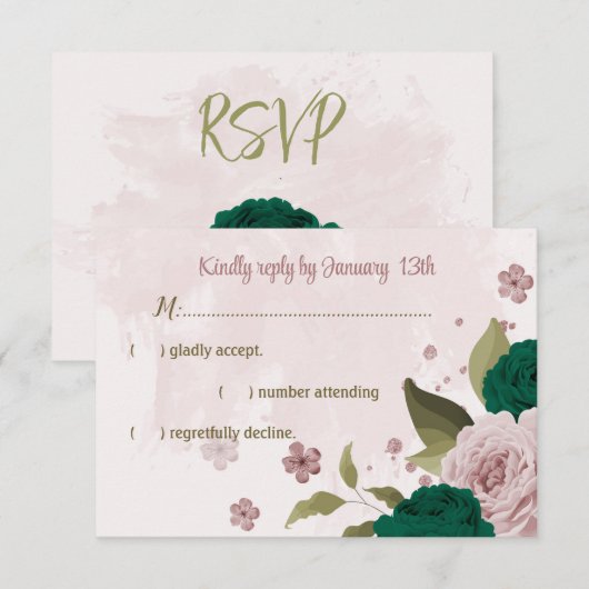 Cartons Réponse mariage botanique des fleurs vert émeraude rose (Devant / Derrière)