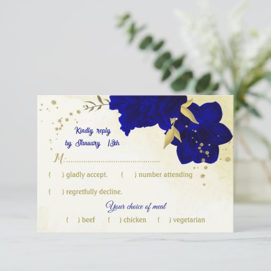 Cartons Réponse Mariage botanique d'or des fleurs bleues royales (Debout devant)