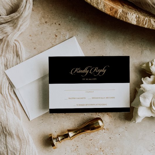 Cartons Réponse Mariage calligraphié noir et or classique