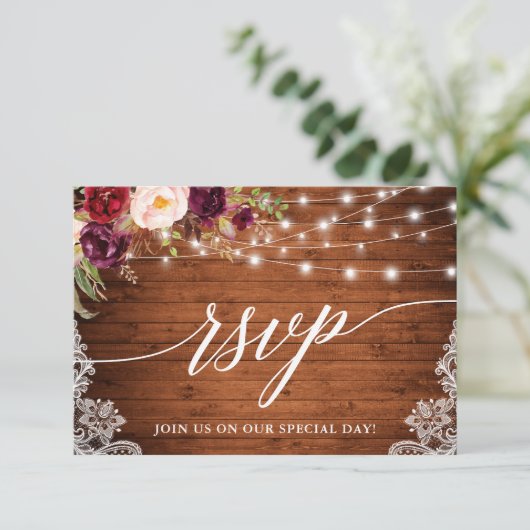 Cartons Réponse Mariage Calligraphié Rustique avec Lumières de Bou (Debout devant)